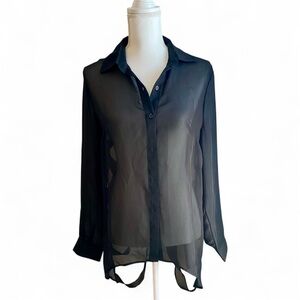 GRACIA Black Sheer Button Down Shirt Top Blouse M Collared Business Career